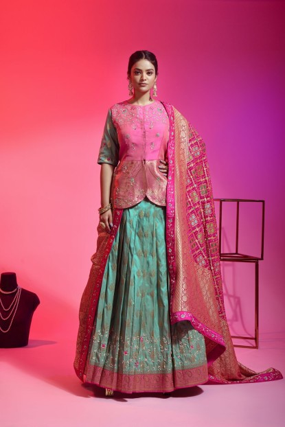 Kediya Green & Pink Banarasi Silk Lehenga Choli With Banarasi Dupatta