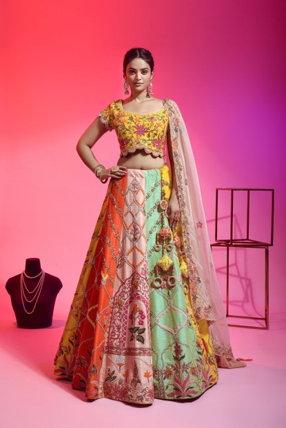 Multi Color Raw Silk Lehenga Choli With Hand Work