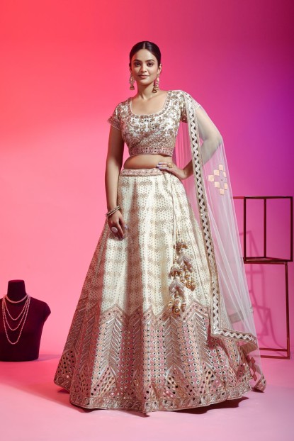 Ivory Lehenga Choli Set In Raw Silk With Hand Work