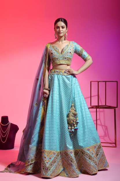 Blue Color Raw Silk Lehenga Choli With Hand Work