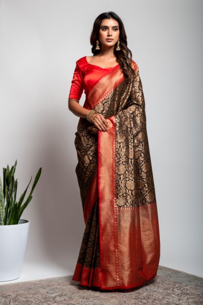 Art Banarasi Silk Saree in Black & Red combination