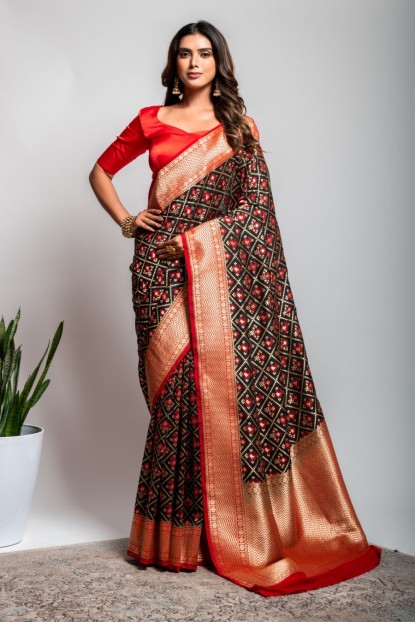 Art Banarasi Silk Saree in Black & Red combination