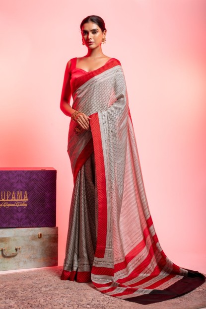 Printed Silk Saree in White & Red color
