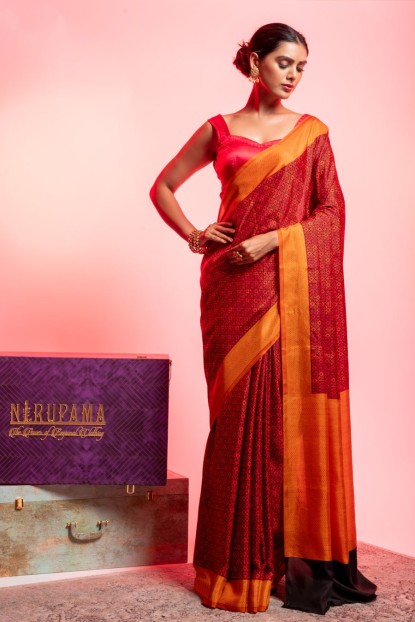 Printed Silk Saree in Red & Orange combination