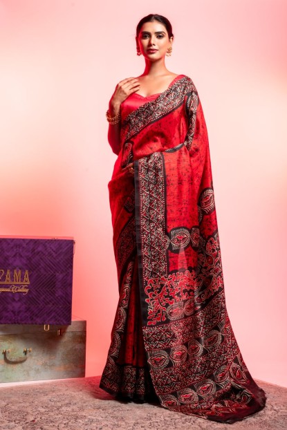 Printed Silk Saree in Red & Black combination