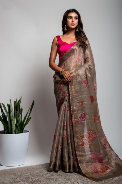 Cotton Silk Saree in Dark Grey color