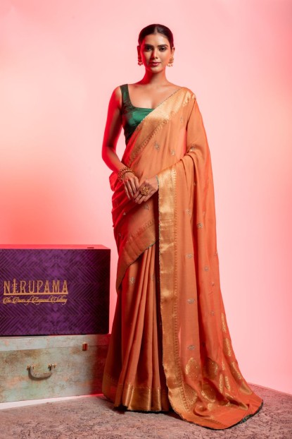 Monga Silk Saree in Light Orange color