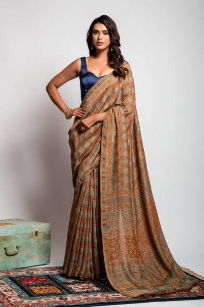 Brown saree in Cotton Mal fabric