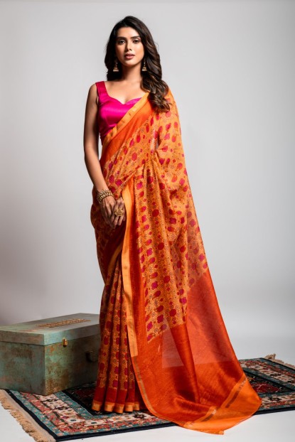 Cotton Silk Saree in Light Orange color
