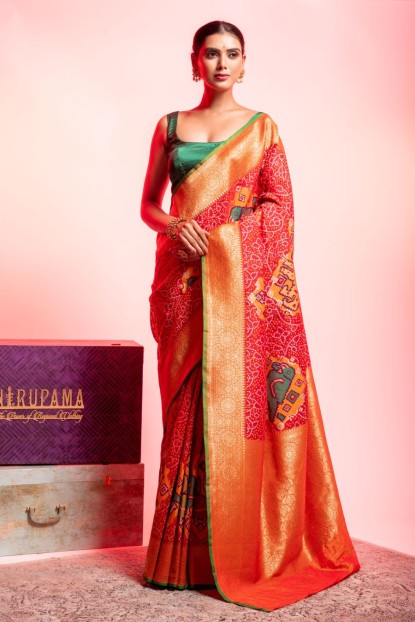 Art Banarasi Saree in Red Orange color