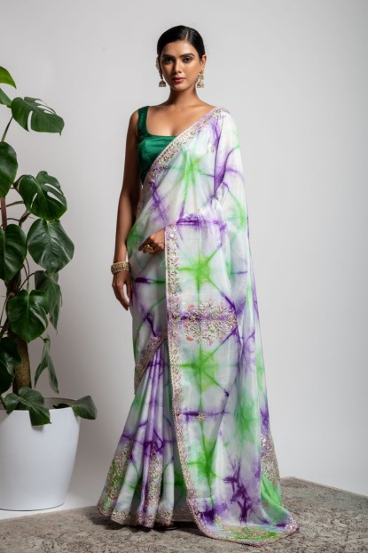 Satin Dola Silk saree in Tie & Dye Aqua color