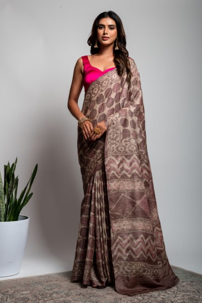 Tassar Silk Saree with Batik Print in Light Purple color