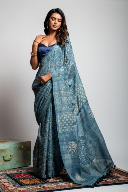 Tassar Silk Saree with Batik Print in Light Aqua color
