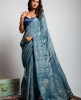 Tassar Silk Saree with Batik Print in Light Aqua color