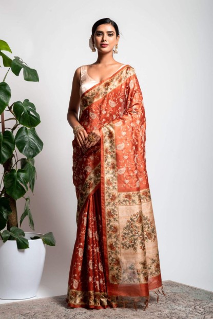 Art Dhupian Saree in Rust Orange color