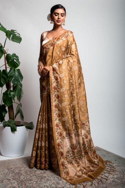 Art Dhupian Saree in Olive Green color