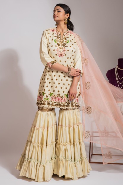 Cream color Raw Silk Sharara Suit 