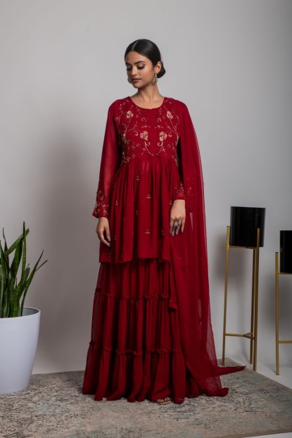 Cherry Red Peplum style Top & Skirt with georgette Dupatta