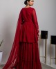 Cherry Red Peplum style Top & Skirt with georgette Dupatta