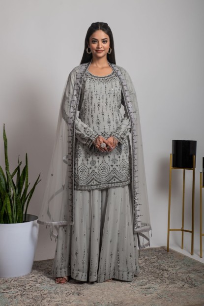 Grey color heavy Sharara & Kurti Set