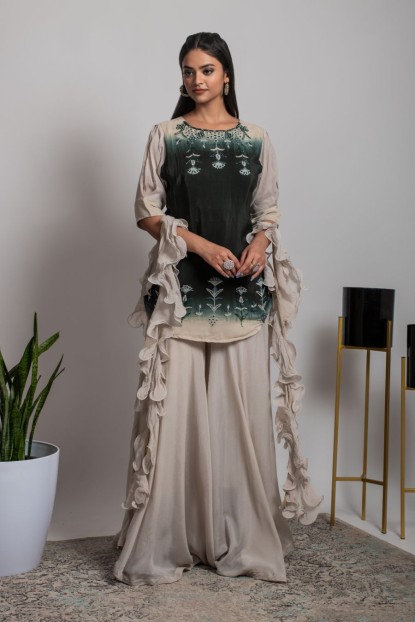 Dark Green Kurti & Grey Palazzo with ruffled Dupatta