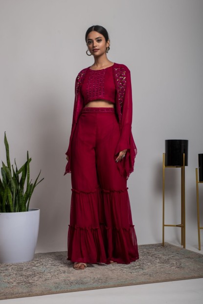 Red embellished Crop Top & Sharara with short Jacket
