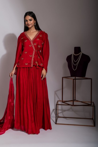 Red Skirt and Peplum top in Angarkha style with Tari work.