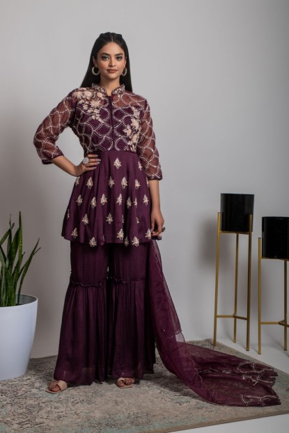 Wine color Peplum Top & Sharara Set