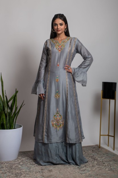 Grey color Embroidered Kurti with Skirt