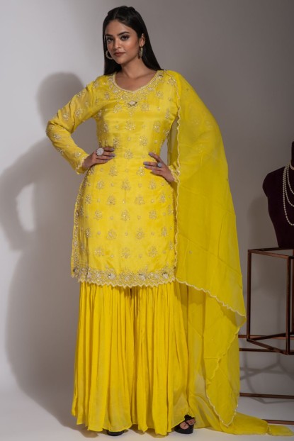 Stylish Lemon Yellow color Sharara Set
