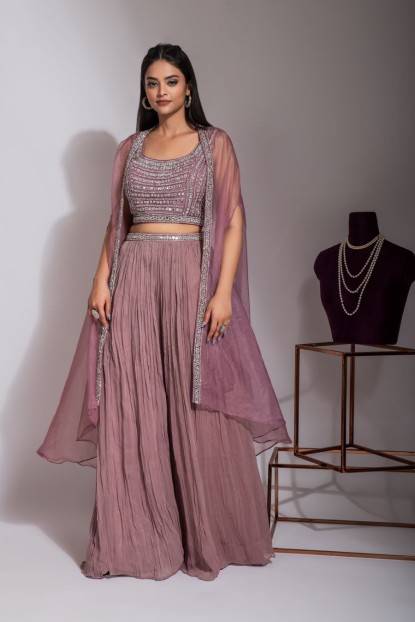 Onion Pink Sharara with Crop Top & Organza Jacket