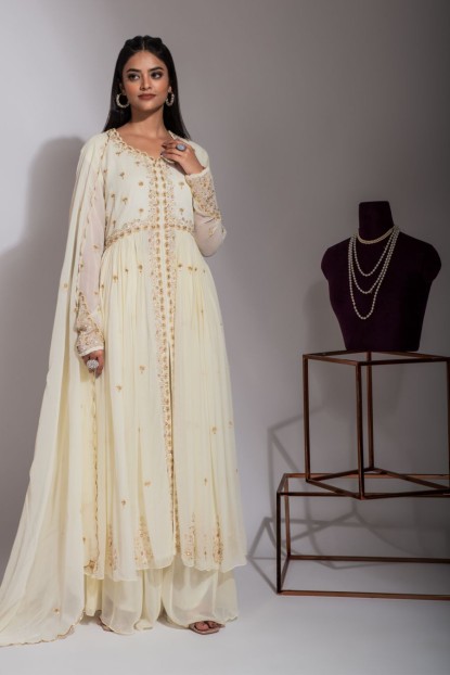 Indo-western Sharara set in Ivory color.