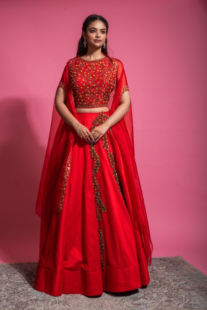 Red Crop Top set with Embroidered Jacket