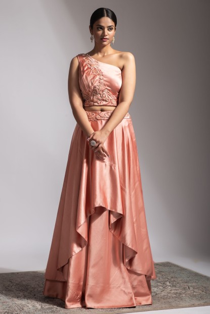 Peach color Crop Top Set in Satin Silk