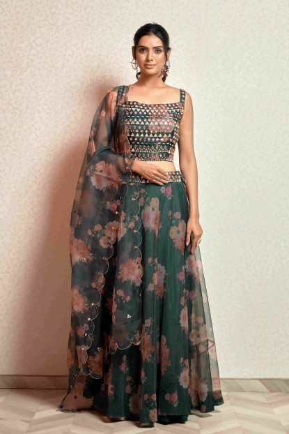 Dark Green color Floral Print Crop Top Set in Organza