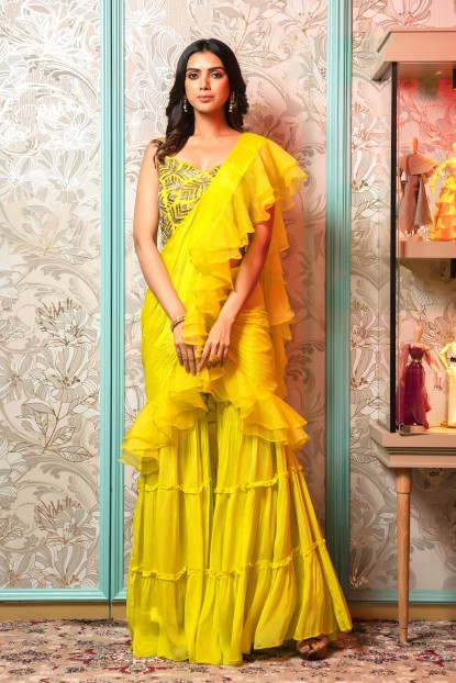 Neon Yellow Crop Top with Palazzo and Ruffle Dupatta