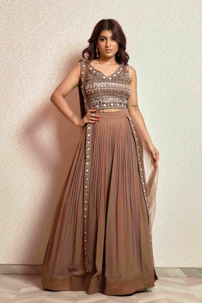 Light Brown Crop Top Set with attached Dupatta