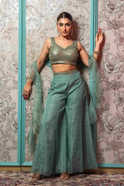 Capri Blue Palazzo Set with Dupatta in Organza
