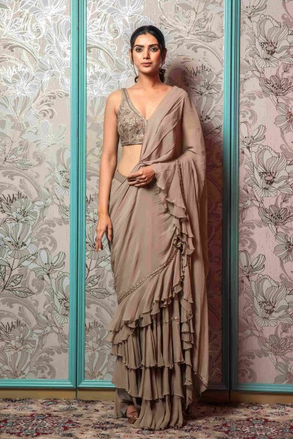 Light Brown Crop Top Set with Ruffle Dupatta