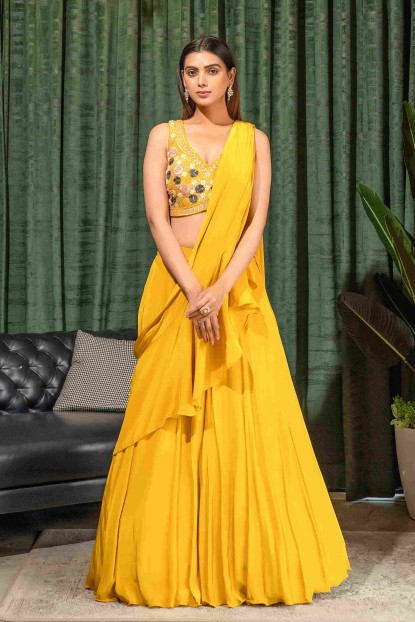 Elegant Crop Top Set in Silk with attached Dupatta