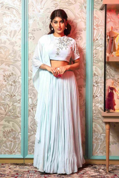 Sea Blue Crop Top and Skirt with Flarrey Sleeves