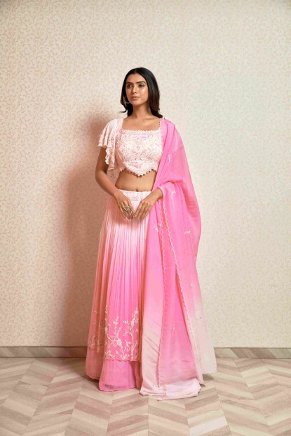 Pink and Light Pink Ombre Crop Top Set with Dupatta