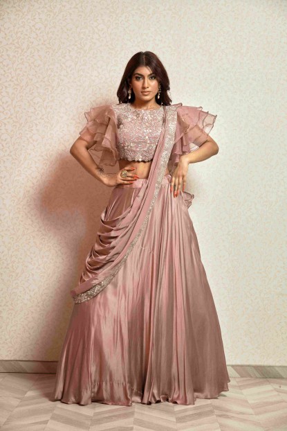 Blush color Crop Top Set with attached Dupatta