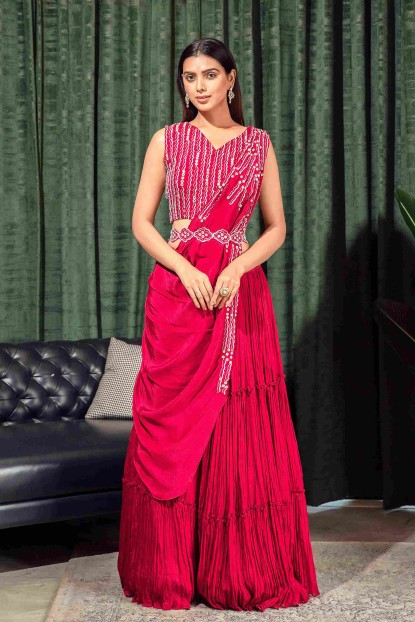 Maroon Drape Style Crop Top Set in Silk Chinnon