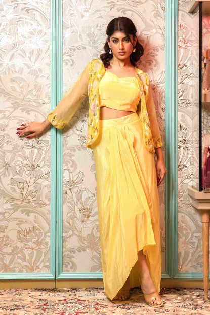 Lemon Yellow Crop Top Set with Heavy Jacket in Silk