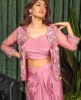 Onion Pink Crop Top Set with Heavy Jacket in Silk
