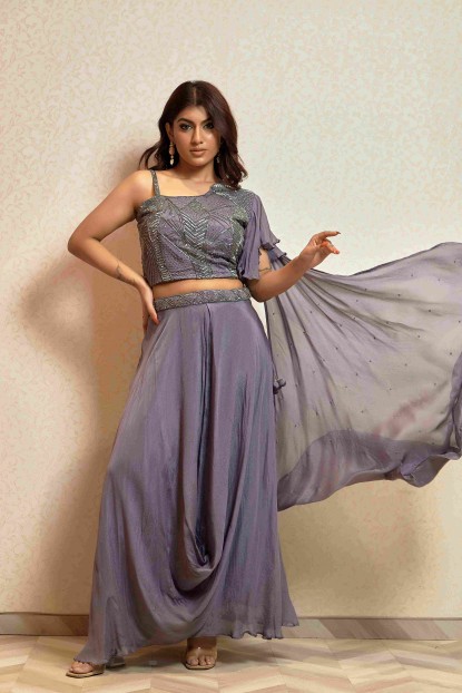 Embellished Crop Top and Skirt with attached Dupatta in Persian Purple