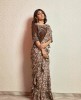 Brown Crop Top Set with attached Dupatta in Floral Print