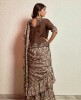 Brown Crop Top Set with attached Dupatta in Floral Print