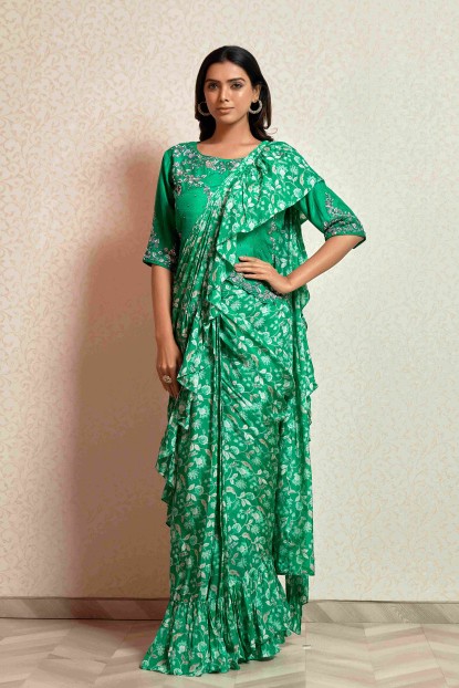 Green Crop Top Set with attached Dupatta in Floral Print